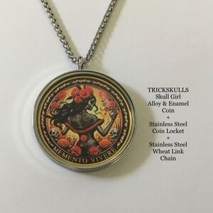 Flower Skull Girl Alloy & Enamel Coin + Stainless & Glass Locket + Custom Chain